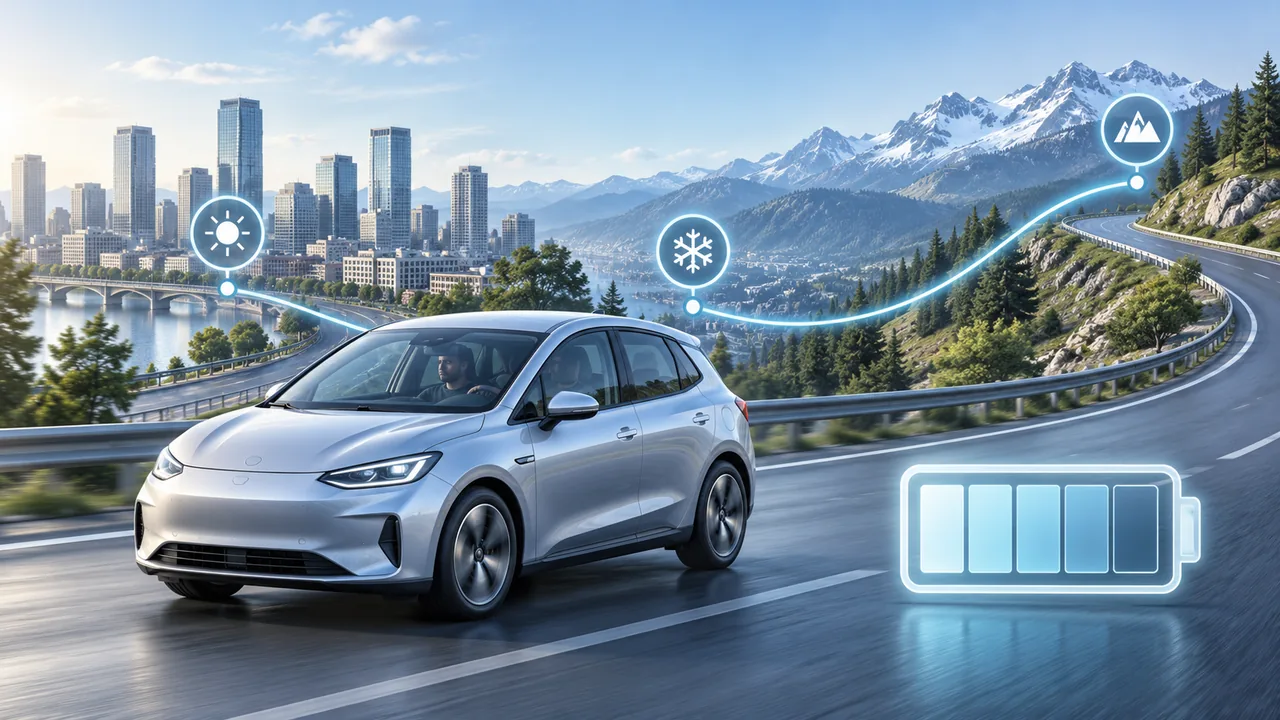 Carro elétrico em percurso entre cidade e montanha, com símbolos de clima, relevo e bateria.