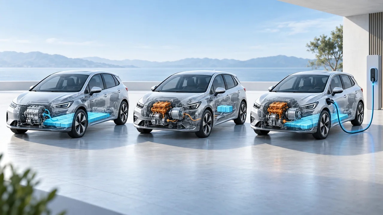 Três carros com representações de motor elétrico, motor a combustão e bateria, comparando elétrico, híbrido e híbrido plug-in.
