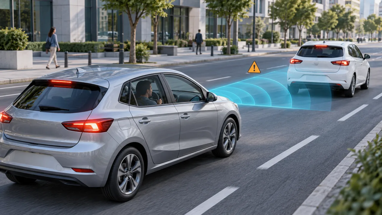 Carro com luzes de freio acionadas e campo de detecção voltado ao veículo à frente.