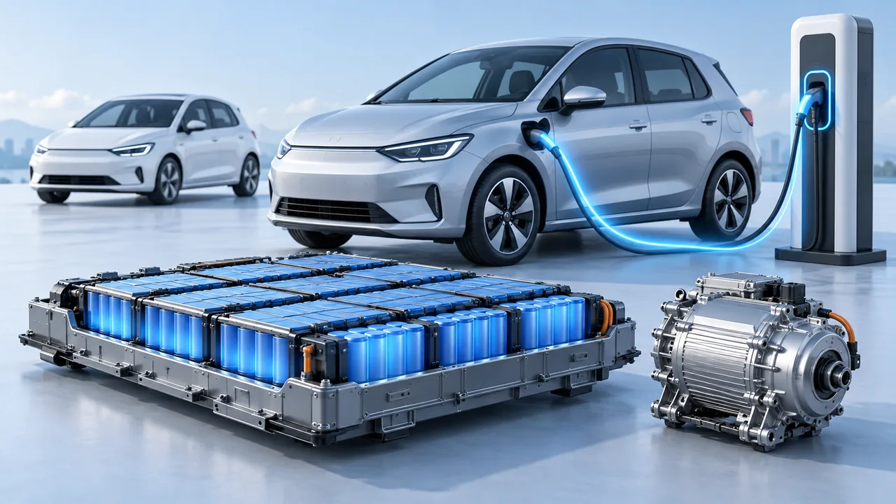 Conjunto de bateria, motor elétrico e carro conectado a um carregador, representando energia armazenada e potência.