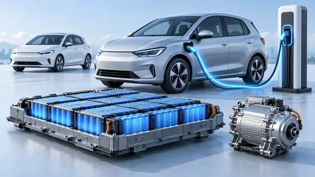 Conjunto de bateria, motor elétrico e carro conectado a um carregador, representando energia armazenada e potência.