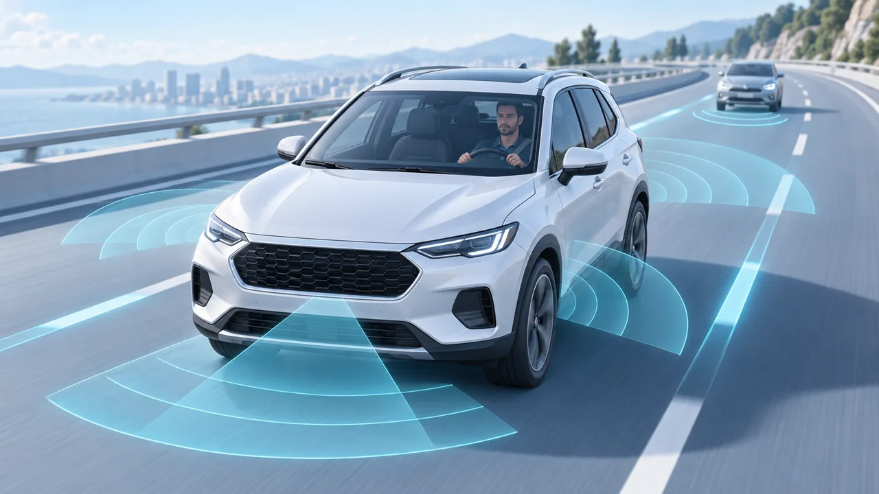 Carro com motorista ao volante e campos ilustrativos de detecção ao redor, representando sistemas de assistência à condução.