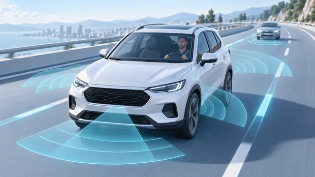 Carro com motorista ao volante e campos ilustrativos de detecção ao redor, representando sistemas de assistência à condução.