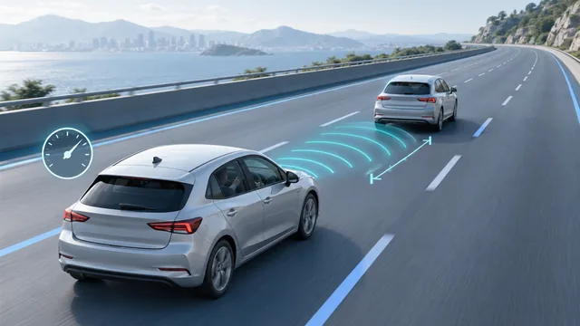 Dois carros na mesma faixa, com ondas de detecção e indicação visual da distância de seguimento.