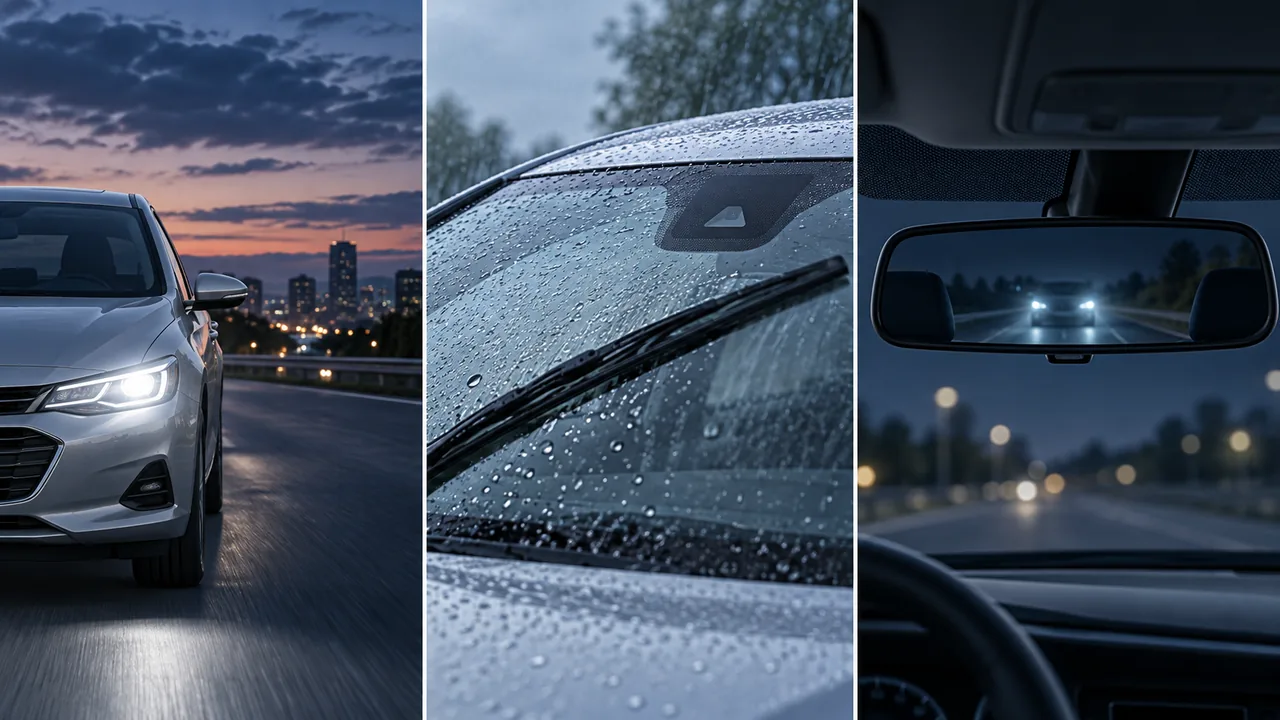 Três cenas mostram faróis ao anoitecer, limpador sob chuva e retrovisor interno com reflexo atenuado de faróis.